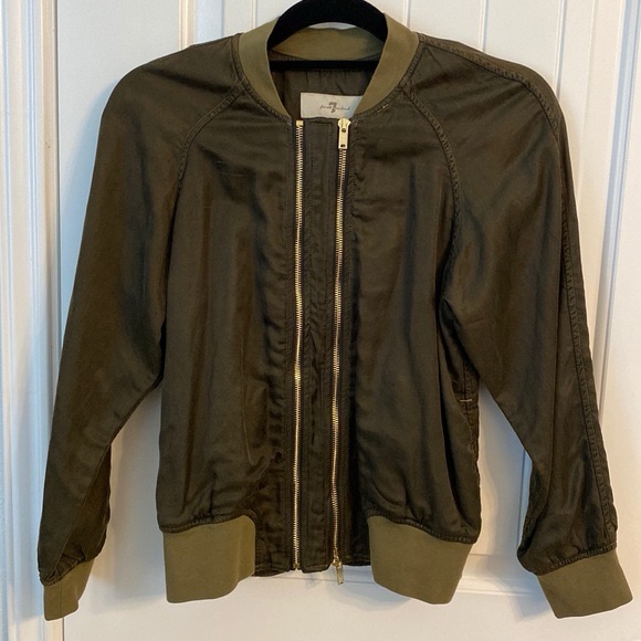 7 For All Mankind Women's Crop Double Zip Bomber Jacket In Olive Night; Size S